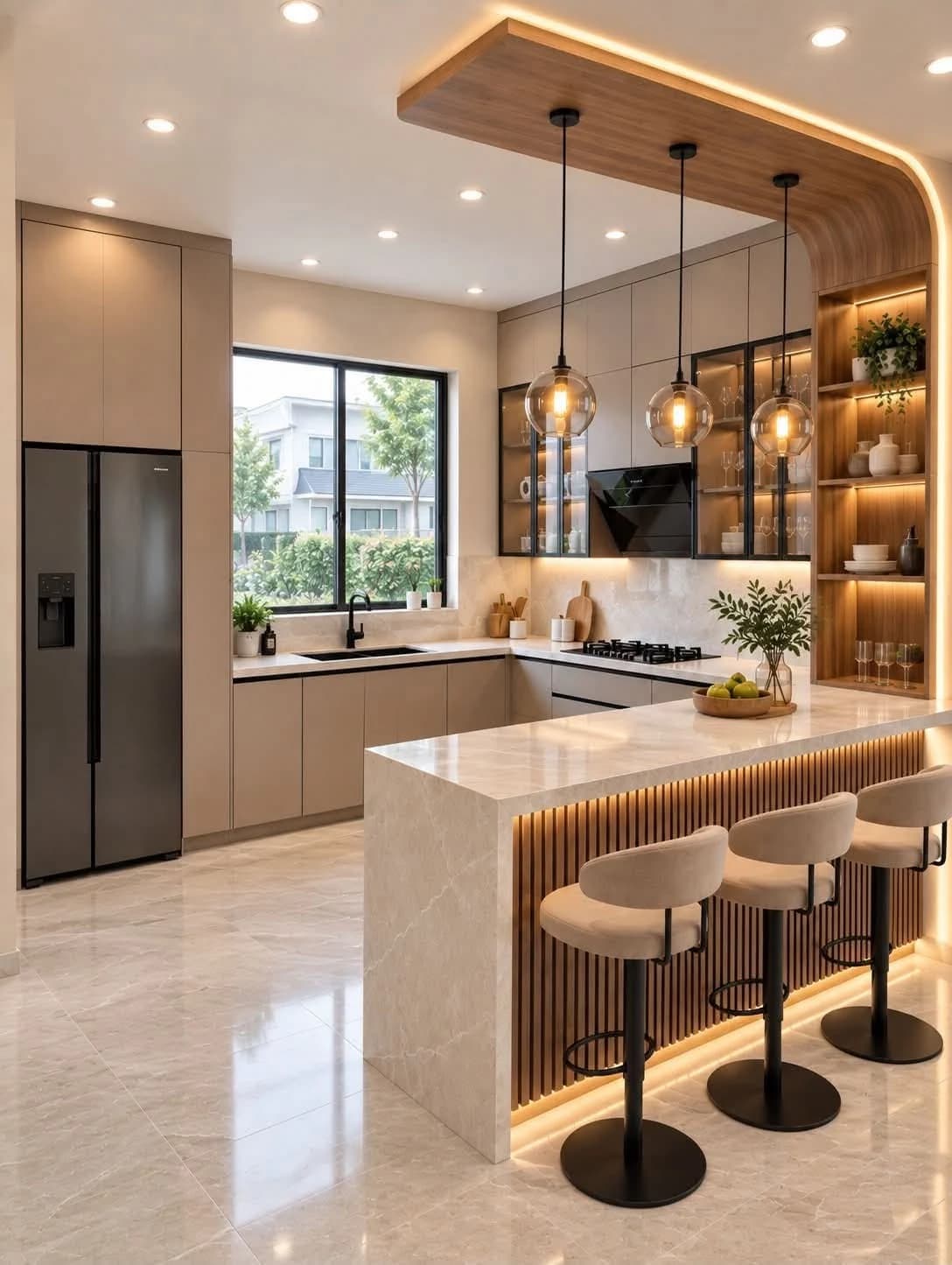 Warm wood modular kitchen with island seating