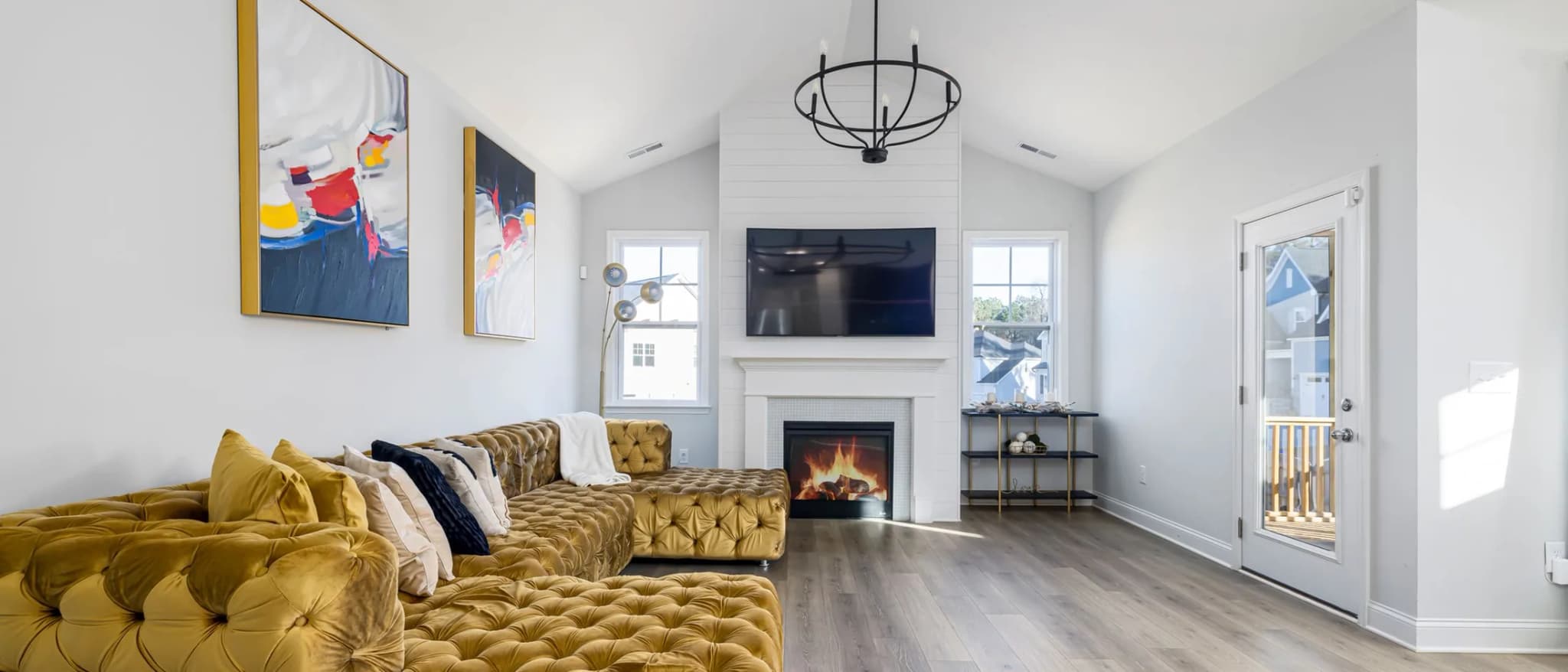 Warm neutral living space with timber flooring