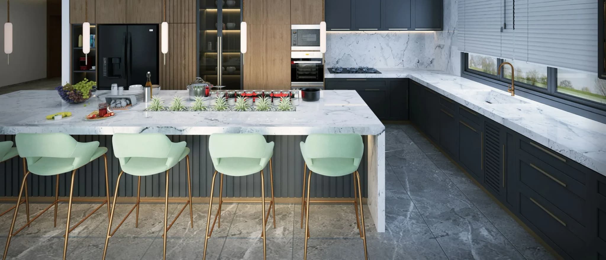 Warm timber kitchen with dark stone counter