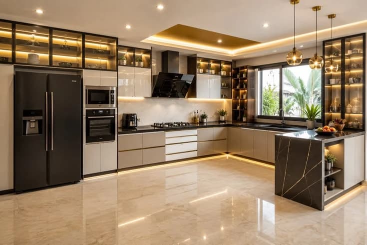 Bright white modular kitchen in daylight
