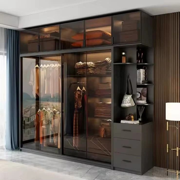 Walk-in wardrobe with dark wood and glass doors