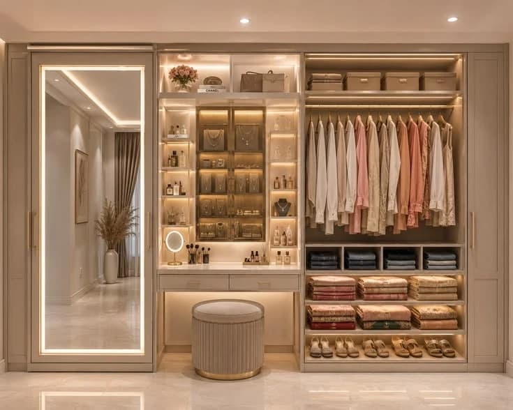 Walk-in wardrobe with LED shelving