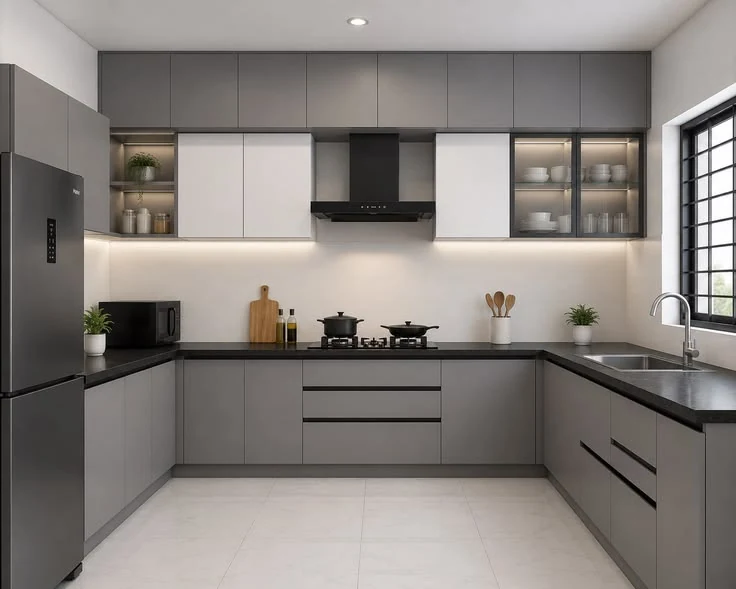 Modular kitchen with grey cabinetry