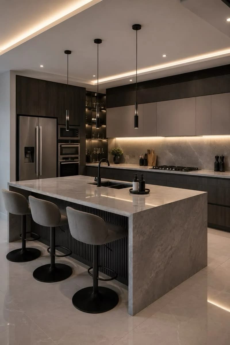 Island kitchen with stone counter