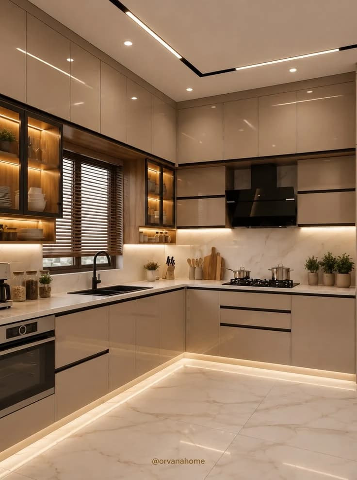 Open modular kitchen with marble finishes