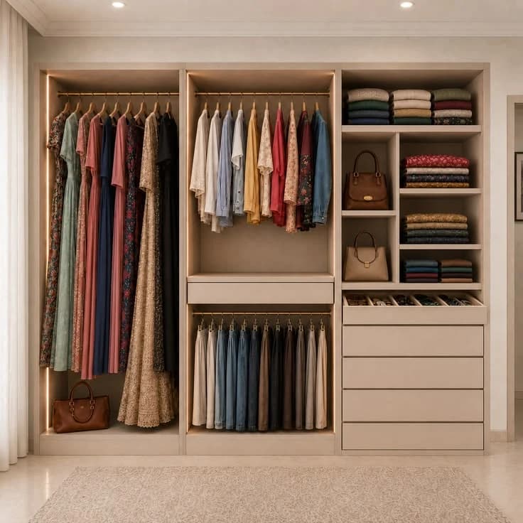 Fitted wardrobe interior with rails and shelves