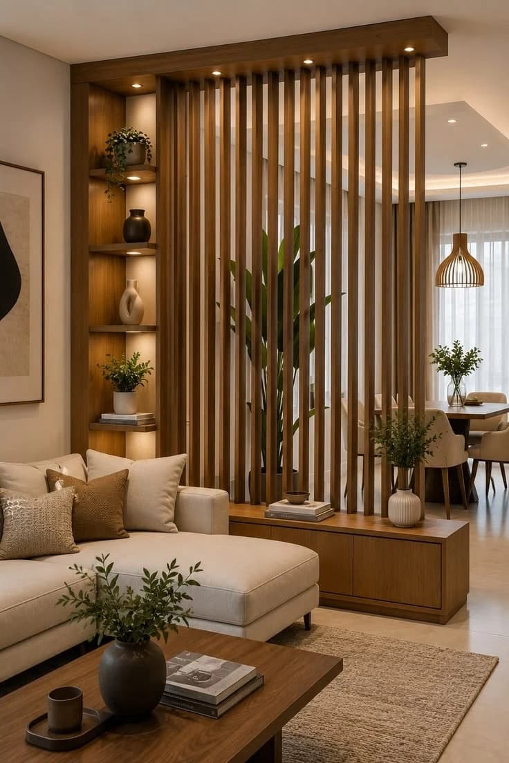 Warm minimalist living space with wood sideboard