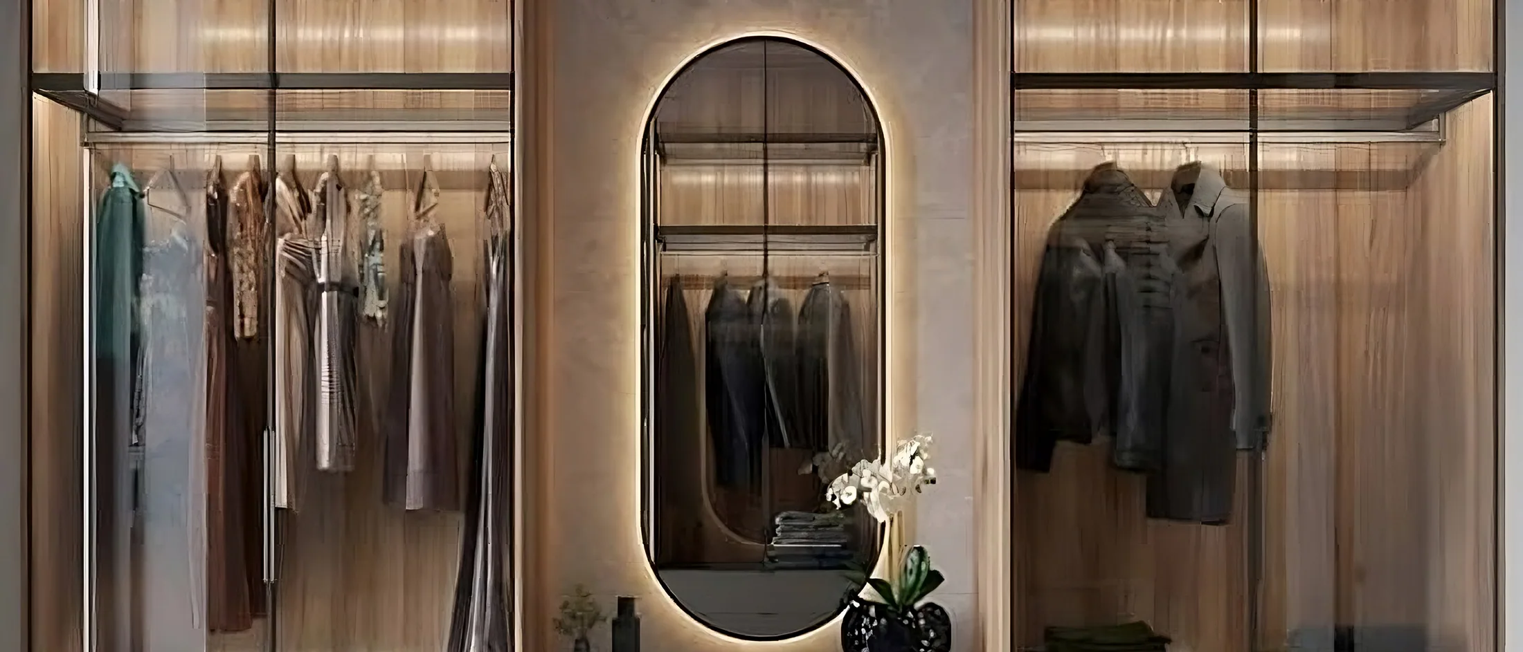 Walk-in wardrobe corridor with glass and timber