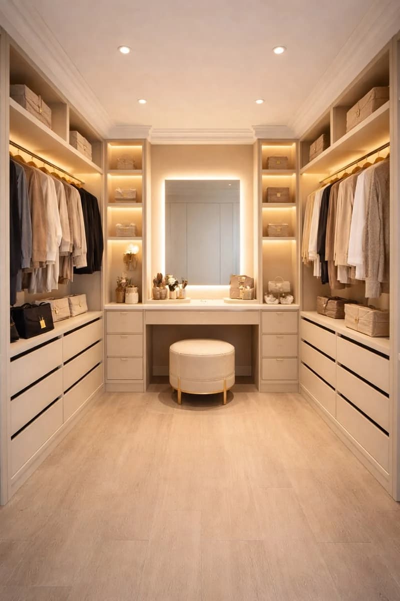 Walk-in wardrobe with warm wood shelving and mirror