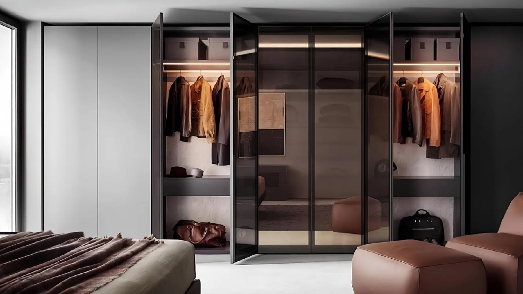 Apro Living walk-in wardrobe with leather seating
